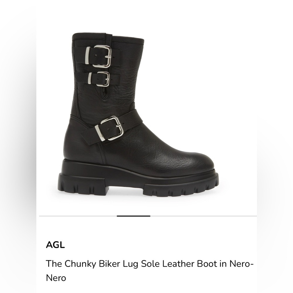 AGL The Chunky Biker Lug Sole Leather Boot in Nero-Nero. Size 37